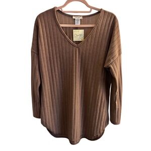 NWT Olivia Rae Women's Ribbed V Neck Tunic Top L Mocha Long Sleeve